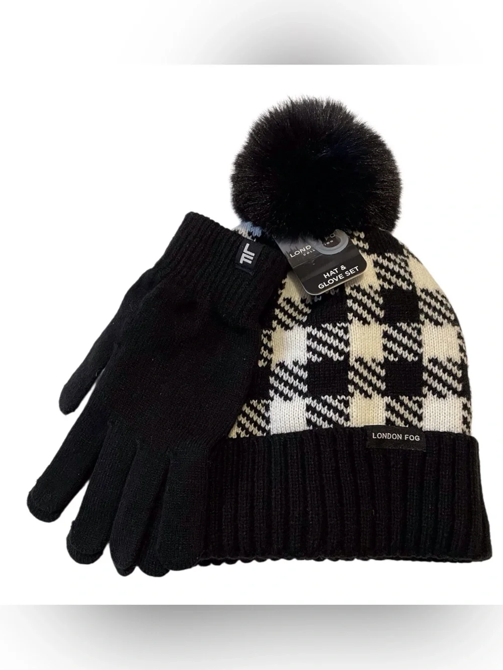 London Fog Girls Black &White Checkered Hat and Gloves, OS